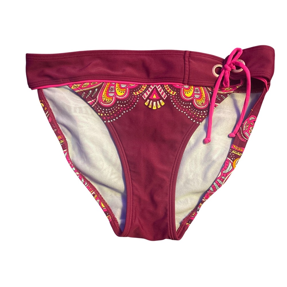 Athleta High Tide Bikini Bottom Burgundy Paisley Side Tie Swim #424731 XS